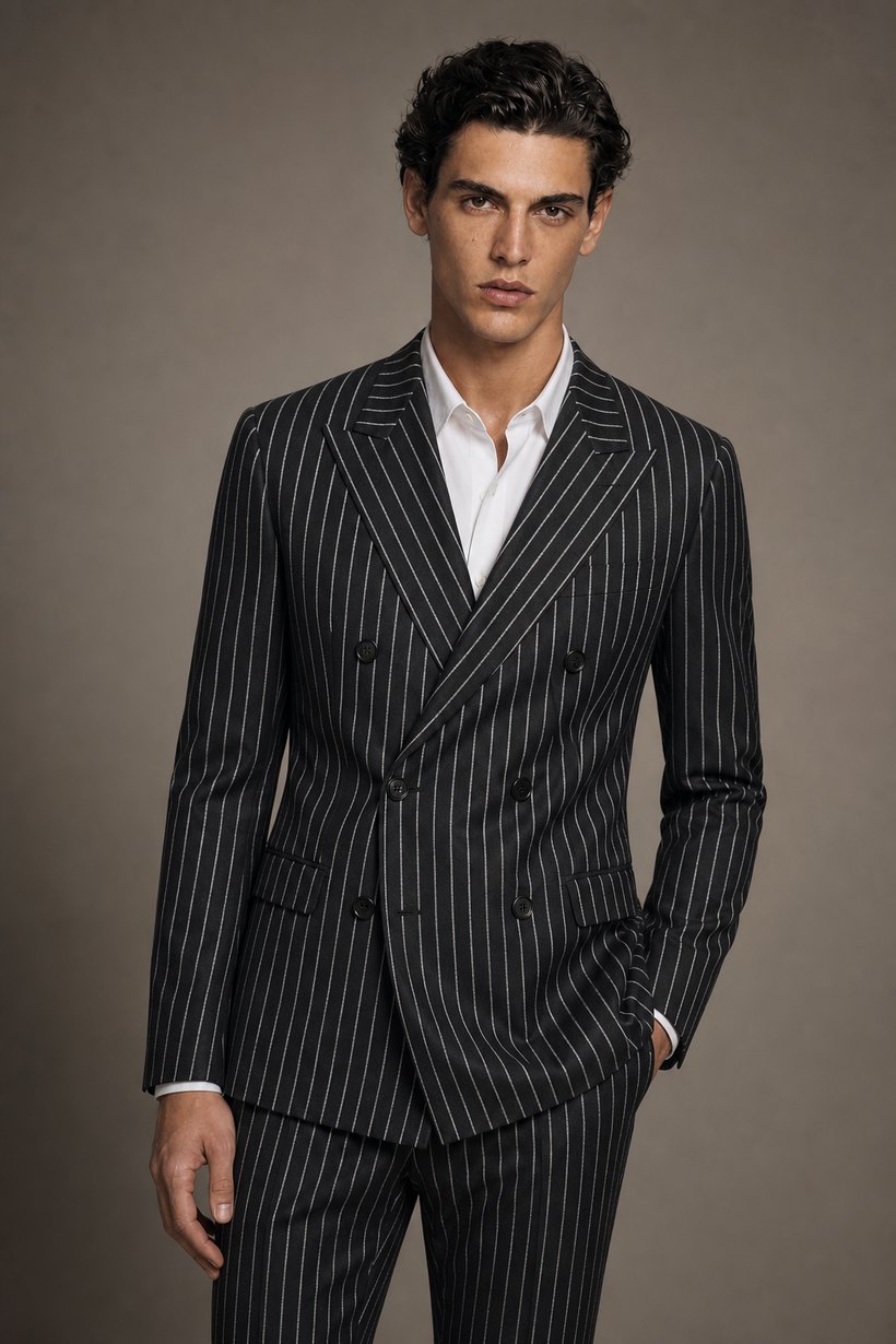 Charcoal Pinstripe Double-Breasted Peaked-Lapel Suit — front styling