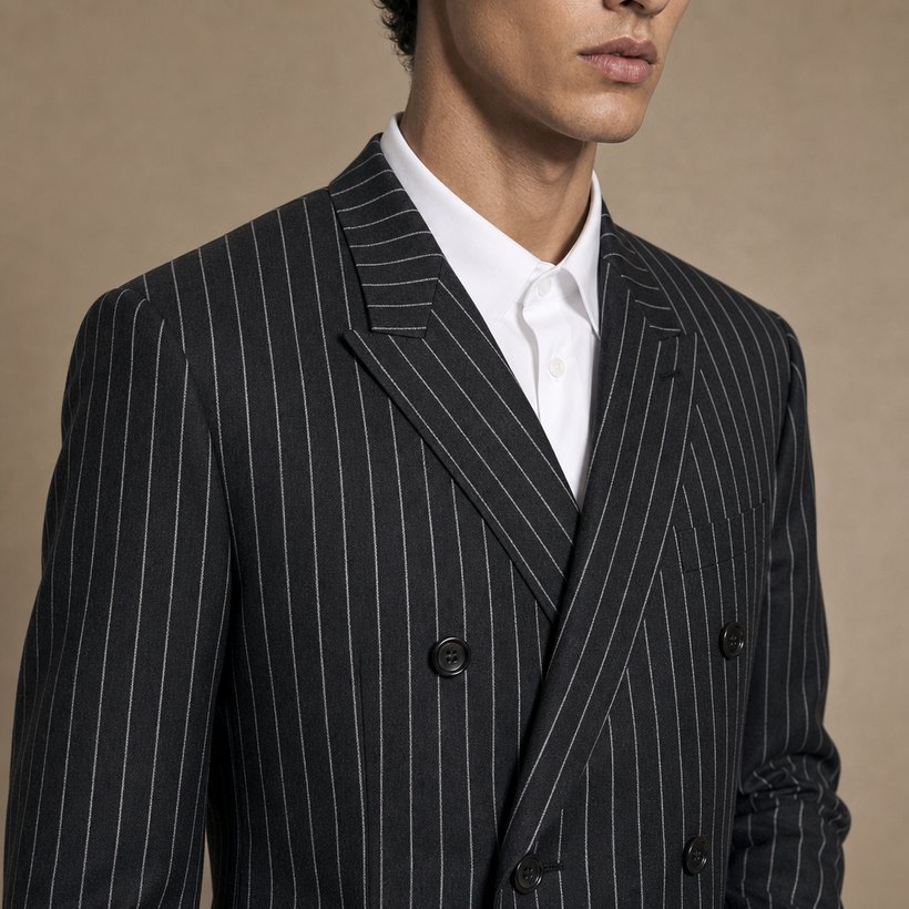 Charcoal Pinstripe Double-Breasted Peaked-Lapel Suit — lapel and collar detail