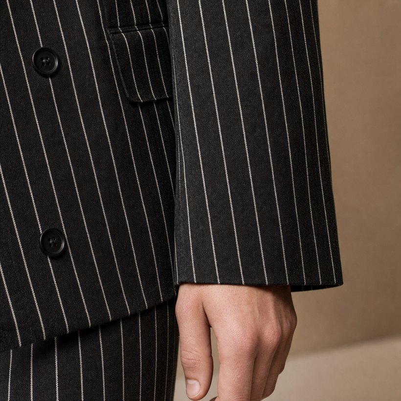Charcoal Pinstripe Double-Breasted Peaked-Lapel Suit — fabric close-up