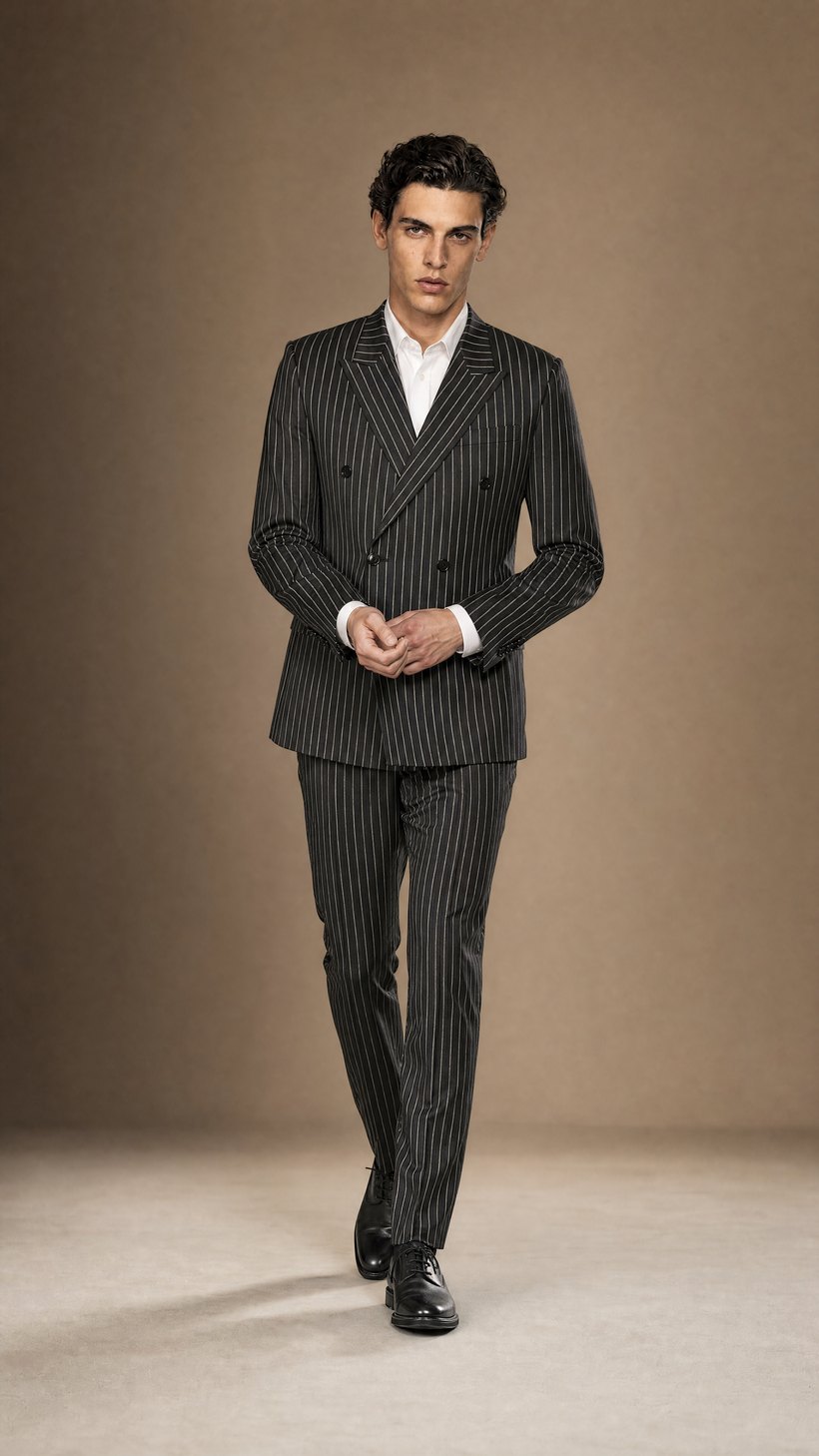 Charcoal Pinstripe Double-Breasted Peaked-Lapel Suit — construction detail