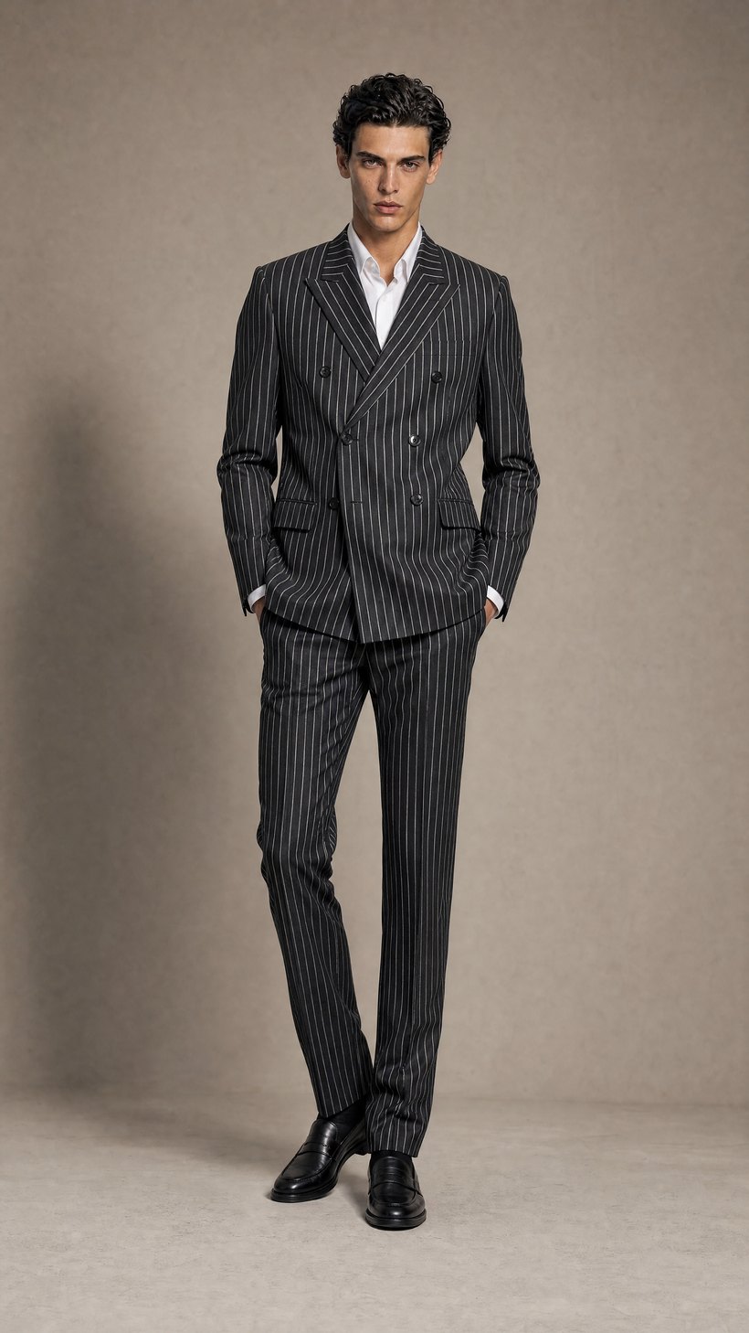 Charcoal Pinstripe Double-Breasted Peaked-Lapel Suit — Biella wool