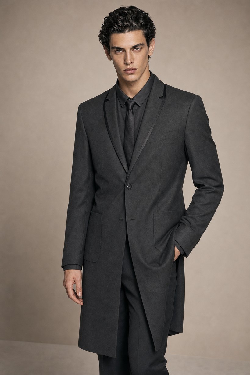 Charcoal Single-Button Slim Long Topcoat — front styling