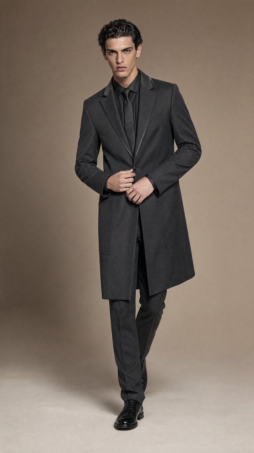 Charcoal Single-Button Slim Long Topcoat — construction detail