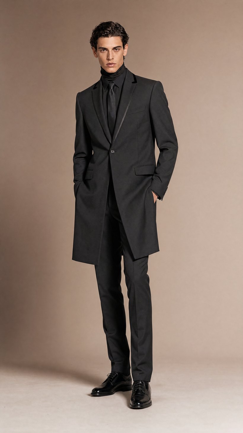 Charcoal Single-Button Slim Long Topcoat — Smooth plain-weave wool