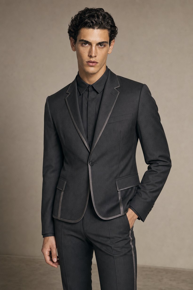 Charcoal Slim Suit with Satin-Piped Notch Lapel — front styling