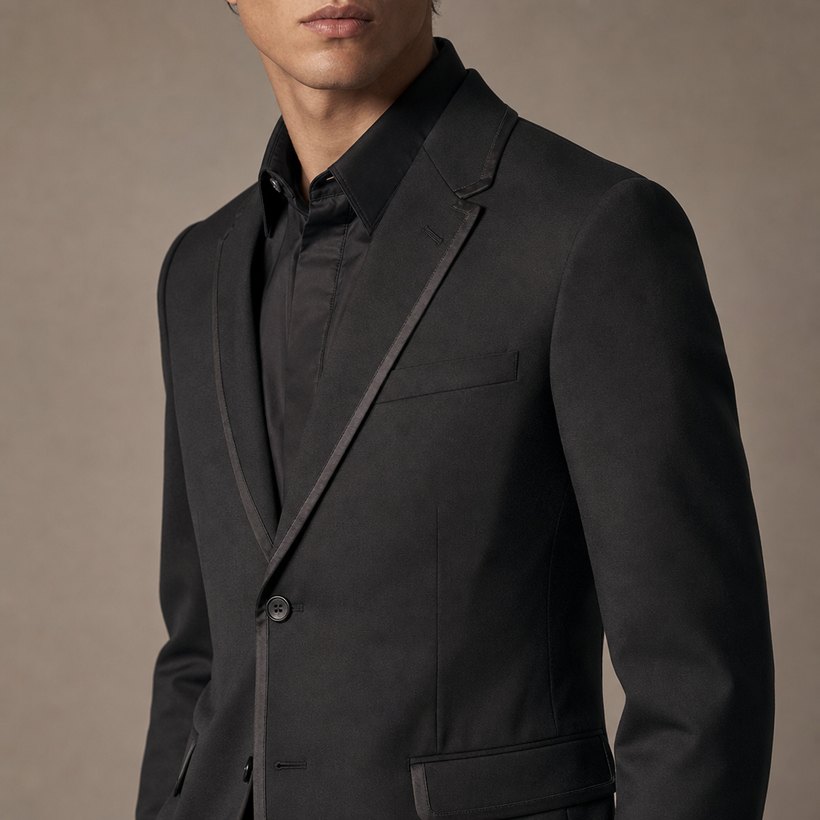 Charcoal Slim Suit with Satin-Piped Notch Lapel — lapel and collar detail