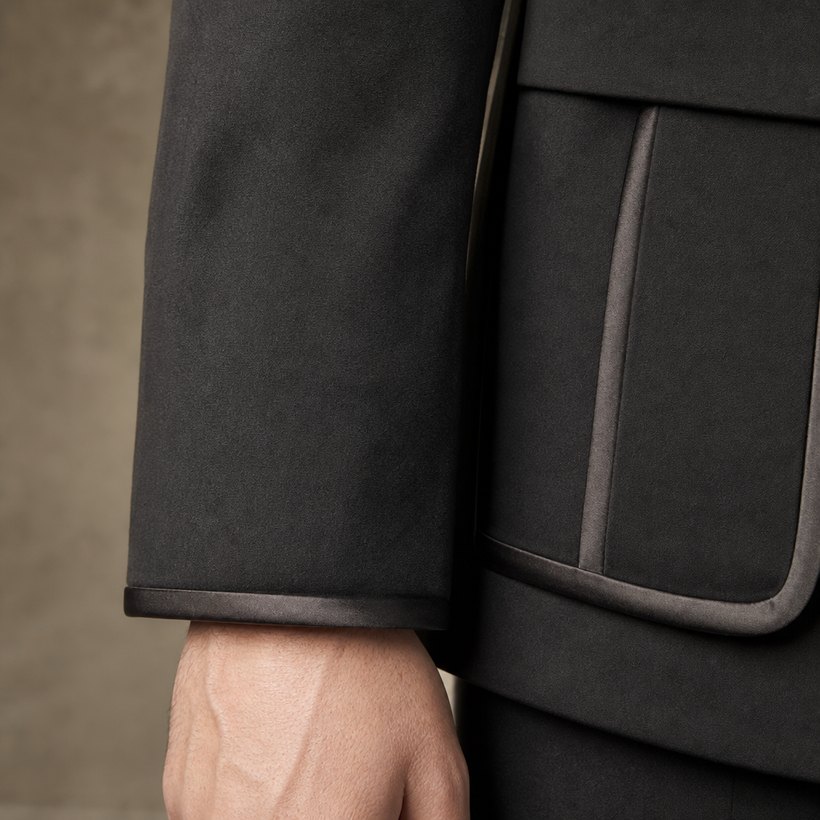 Charcoal Slim Suit with Satin-Piped Notch Lapel — fabric close-up