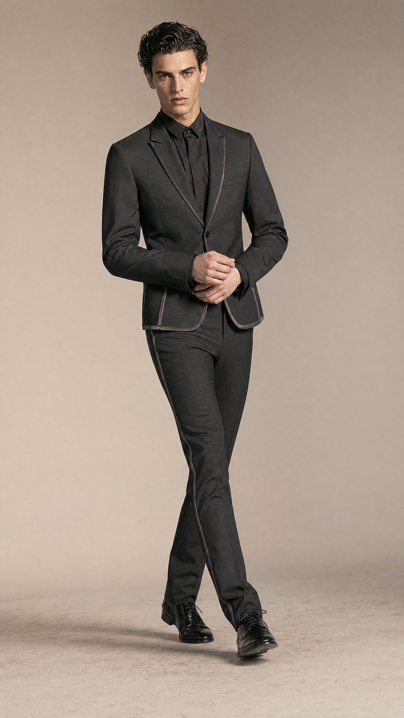 Charcoal Slim Suit with Satin-Piped Notch Lapel — construction detail