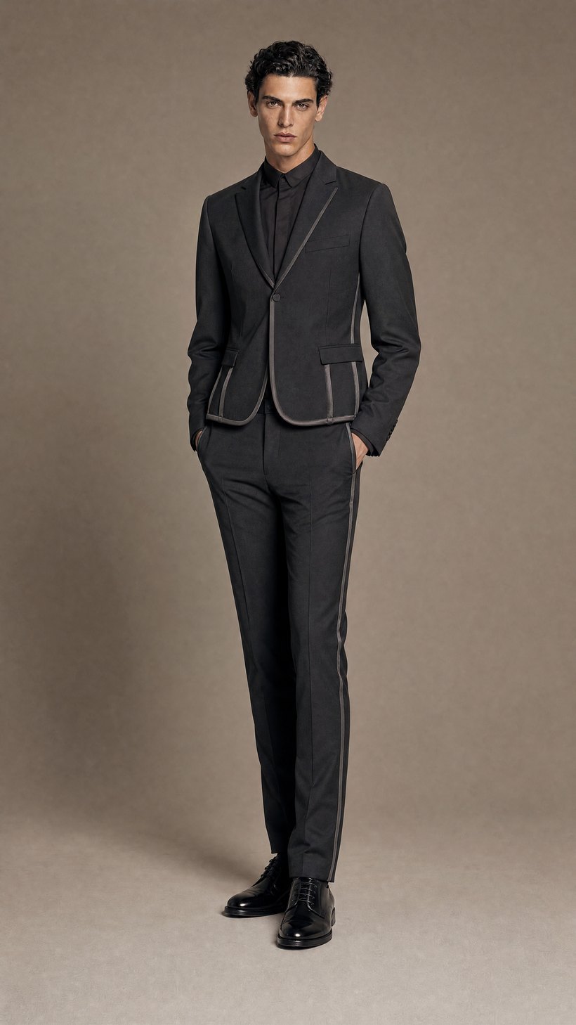 Charcoal Slim Suit with Satin-Piped Notch Lapel — tight plain-weave wool