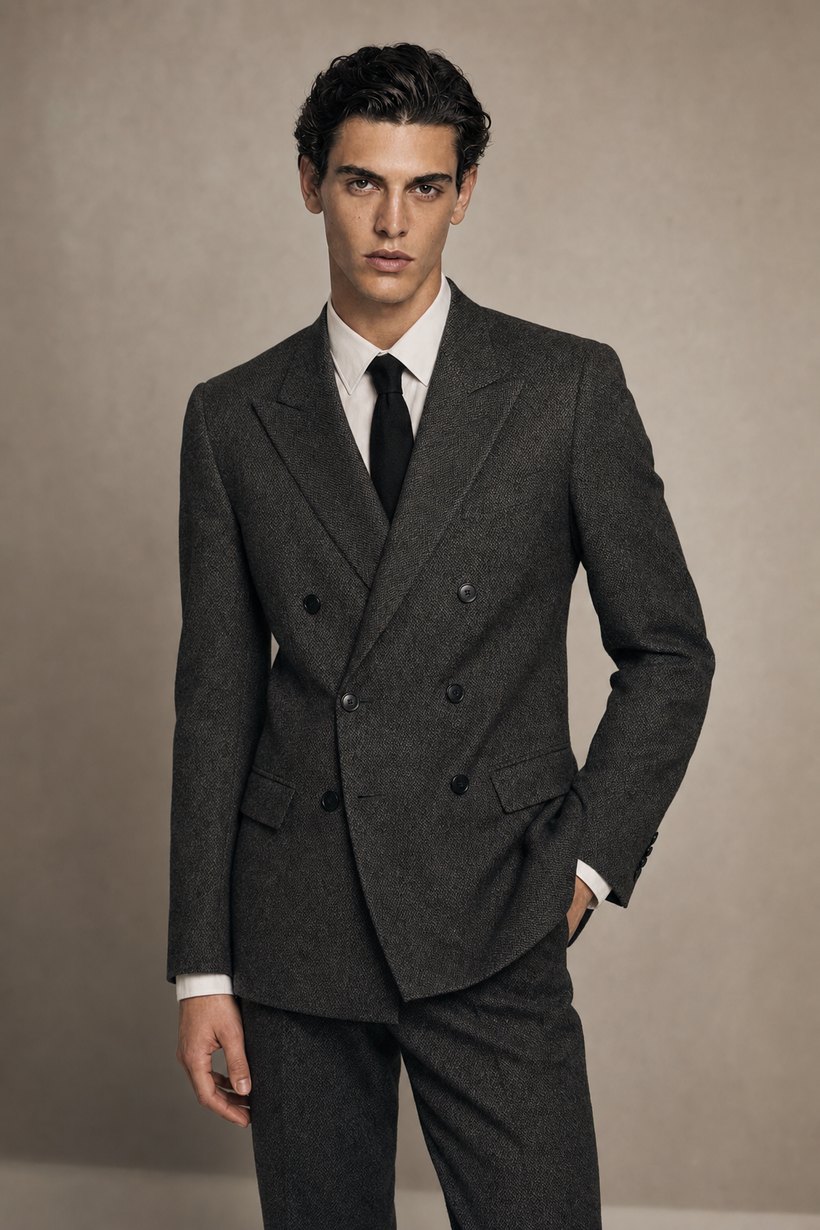 Charcoal Tweed Double-Breasted Suit — front styling