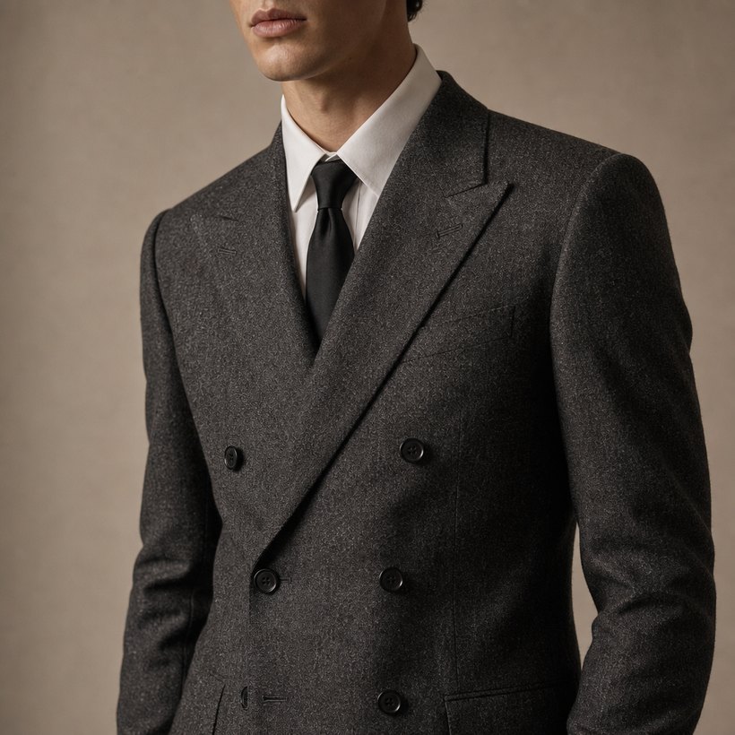 Charcoal Tweed Double-Breasted Suit — lapel and collar detail