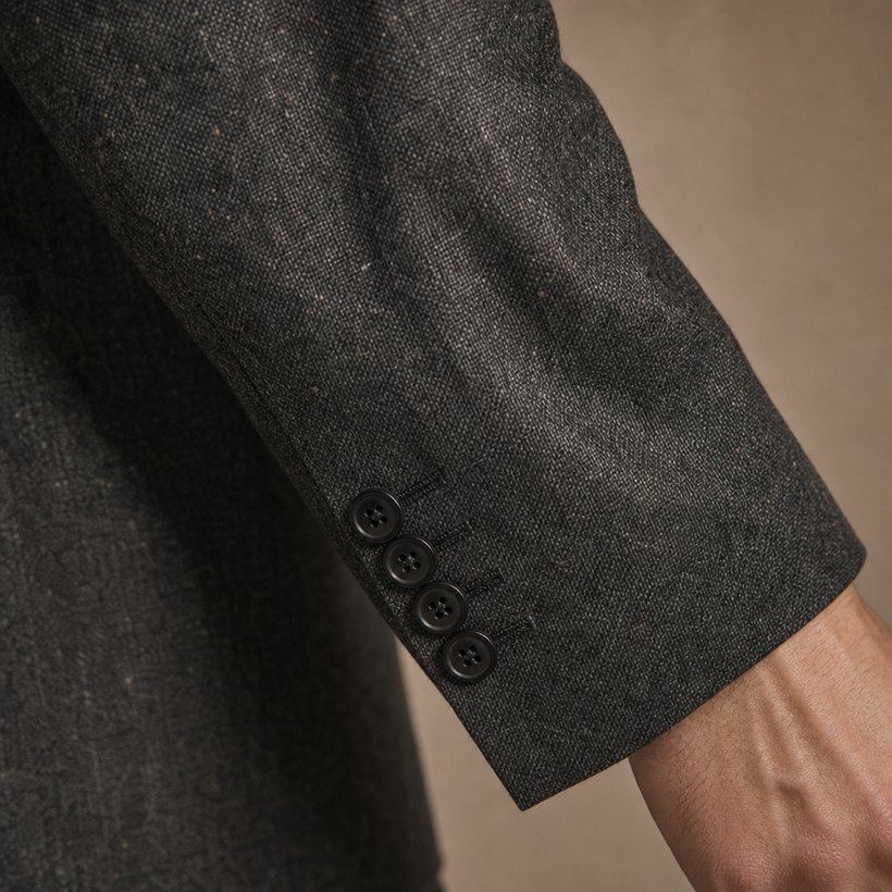 Charcoal Tweed Double-Breasted Suit — fabric close-up