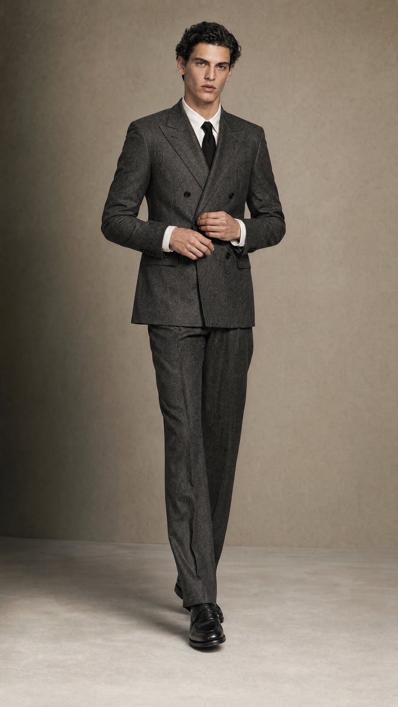 Charcoal Tweed Double-Breasted Suit — construction detail