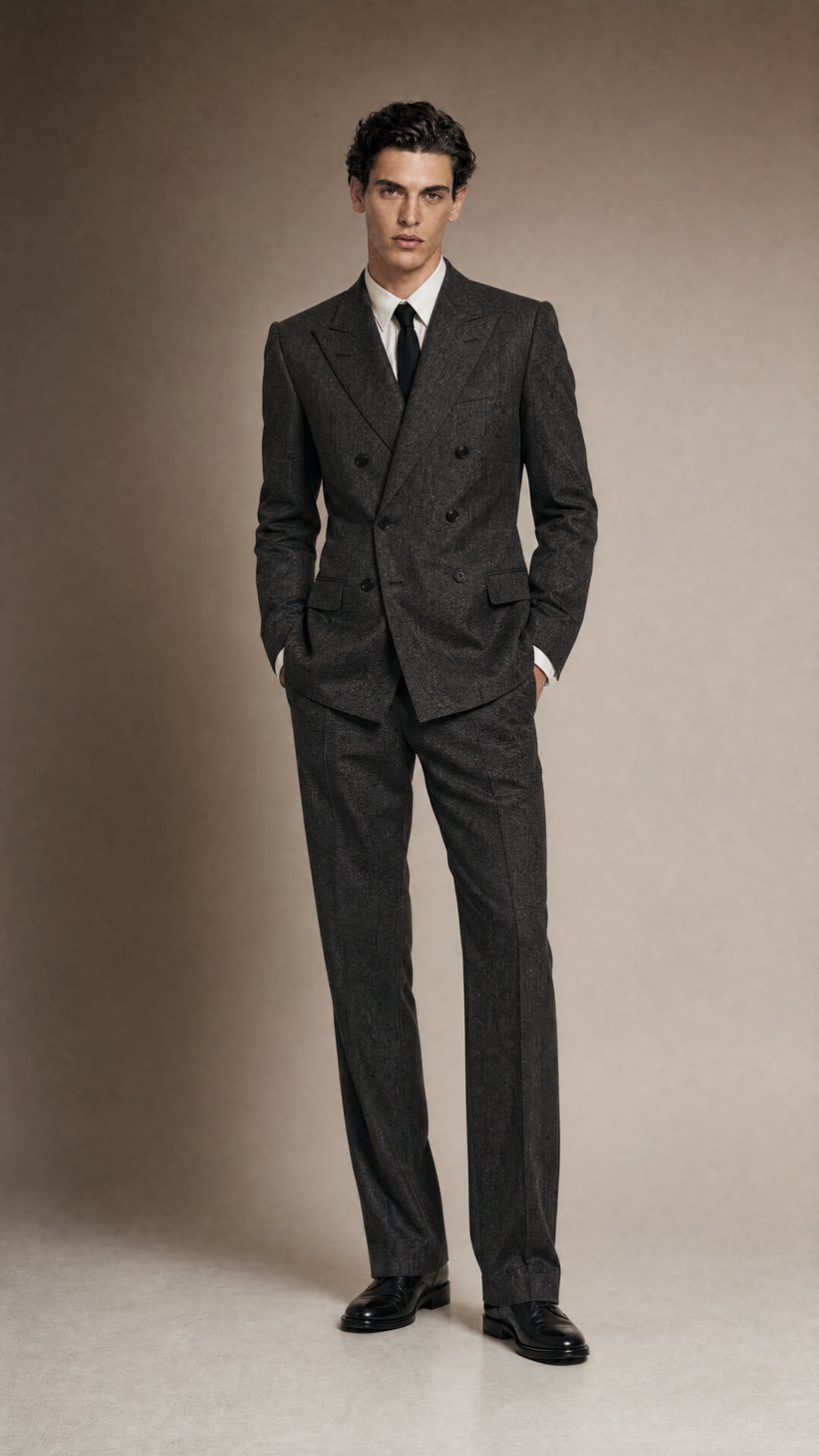 Charcoal Tweed Double-Breasted Suit — European wool tweed