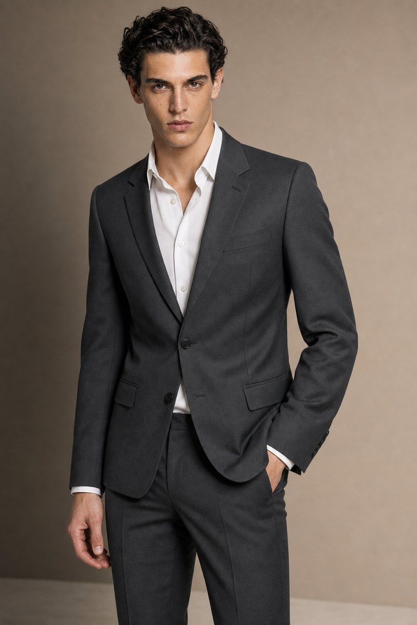 Charcoal Two-Button Notch-Lapel Slim Suit — front styling