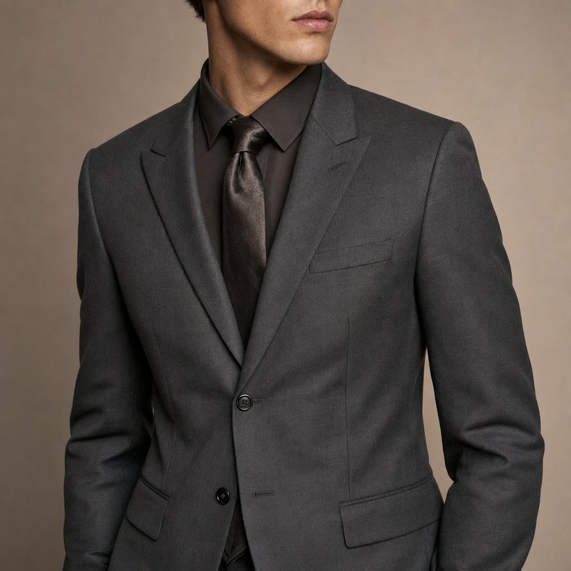Charcoal Two-Button Notch-Lapel Slim Suit — lapel and collar detail