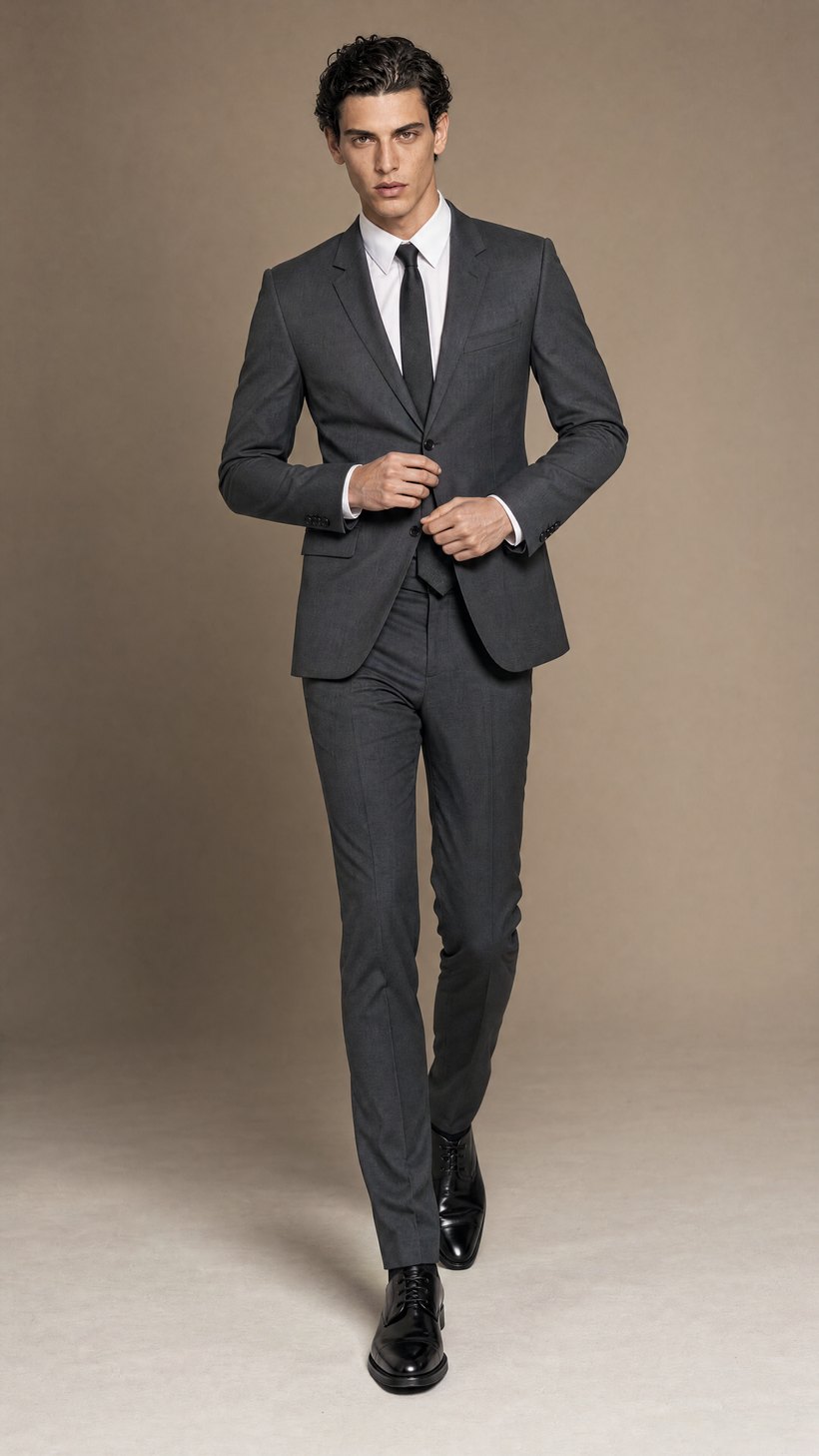 Charcoal Two-Button Notch-Lapel Slim Suit — construction detail