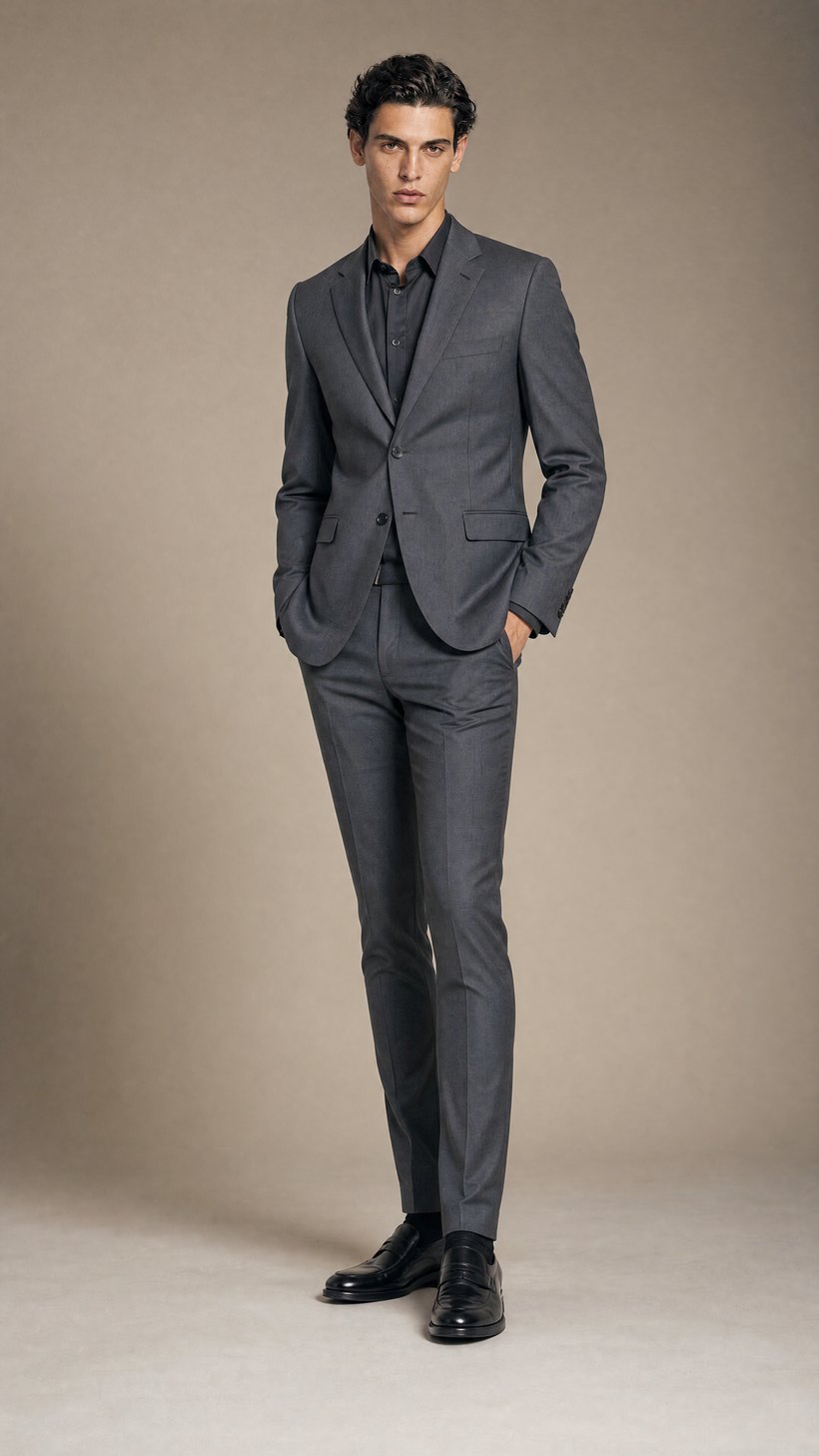 Charcoal Two-Button Notch-Lapel Slim Suit — Charcoal plain-weave wool