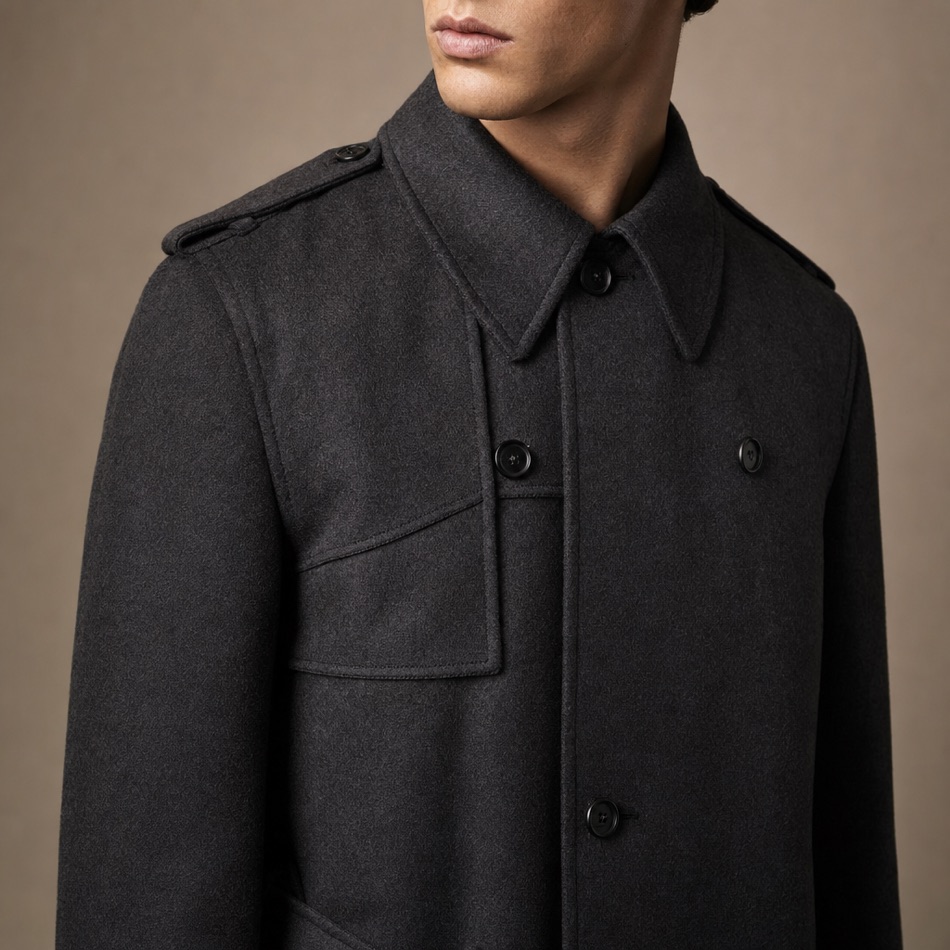Charcoal Wool-Cashmere Overcoat — lapel and collar detail