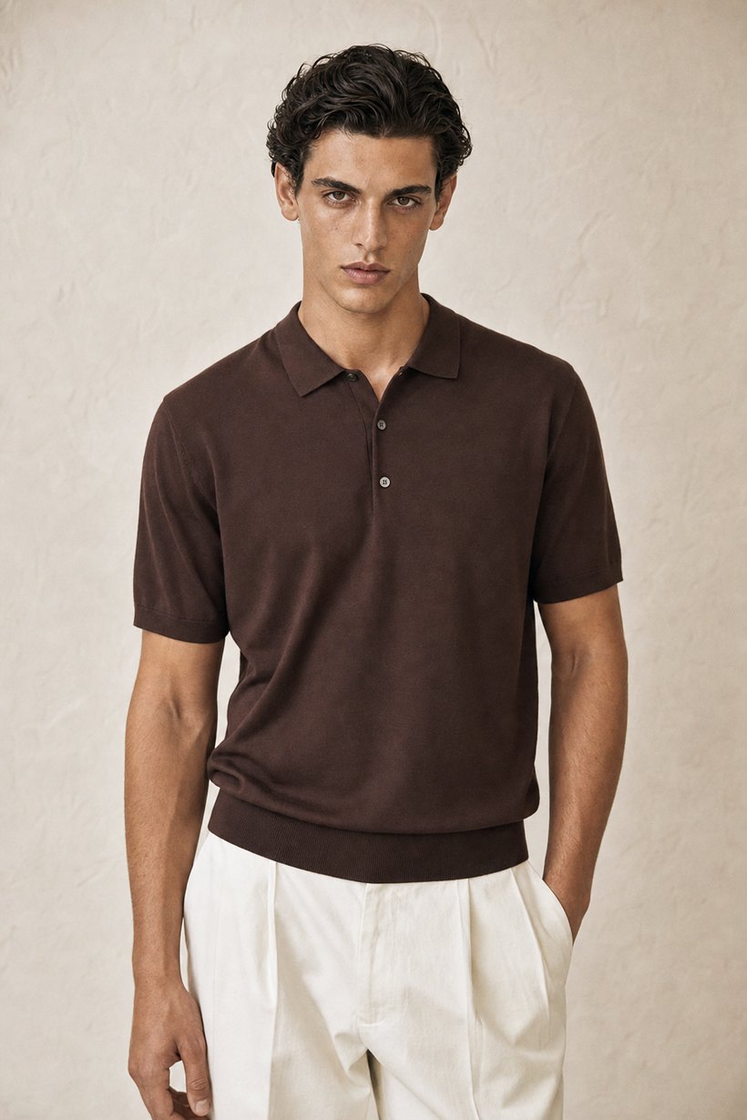 Coffee Linen-Lyocell T-Shirt — front styling
