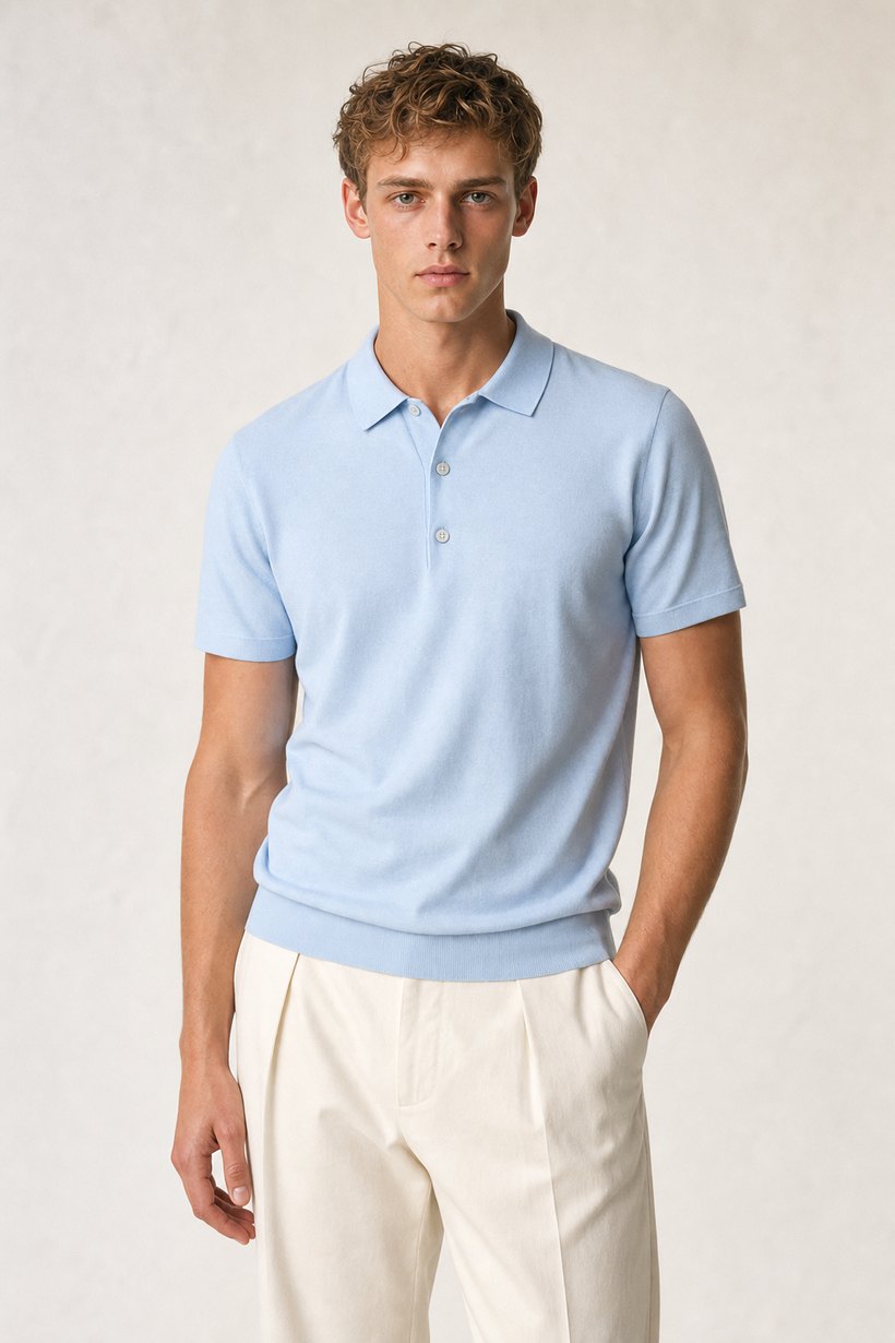Coffee Linen-Lyocell T-Shirt — lapel and collar detail