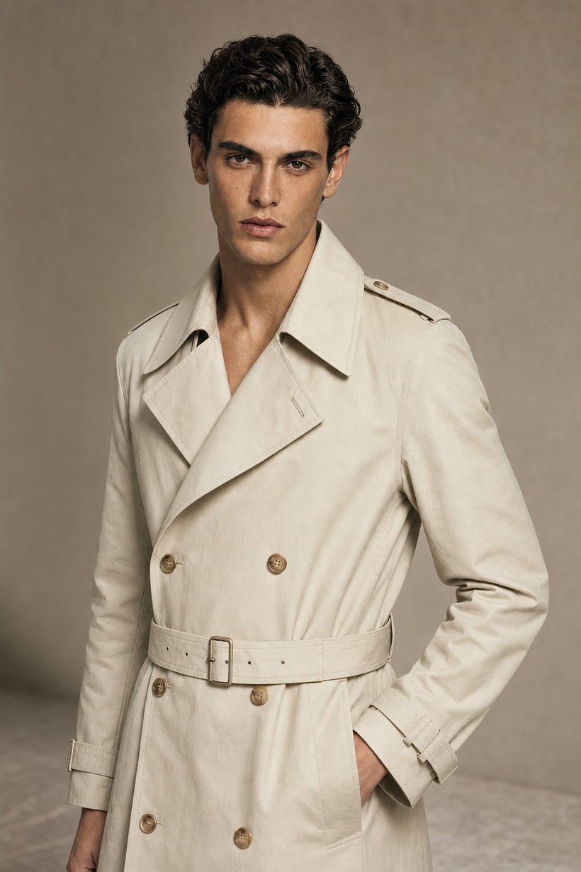 Cream Double-Breasted Cotton Trench — front styling
