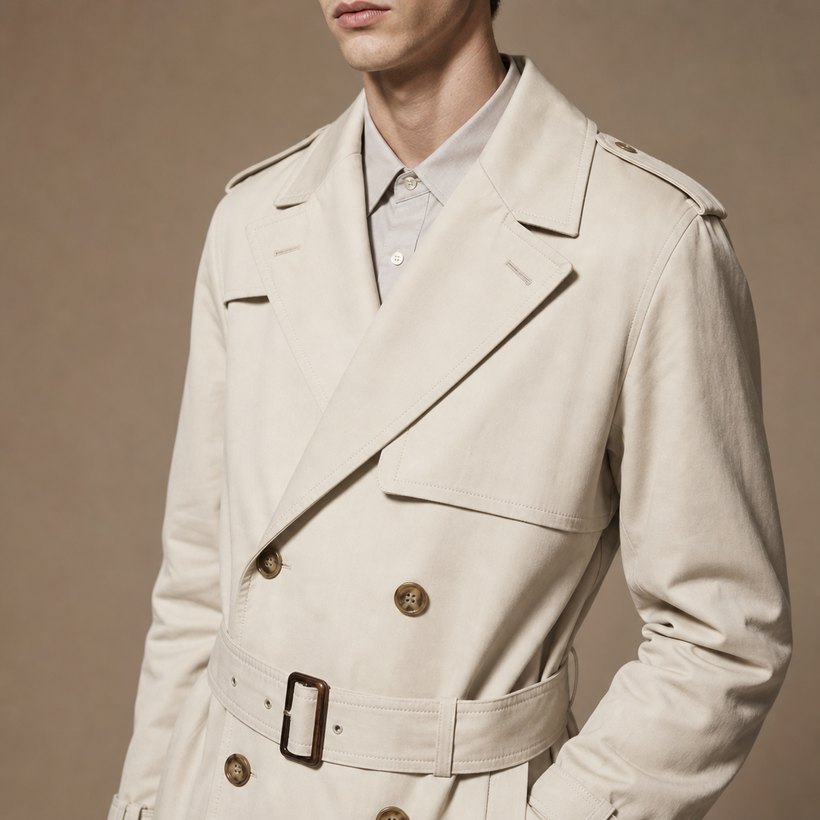 Cream Double-Breasted Cotton Trench — lapel and collar detail