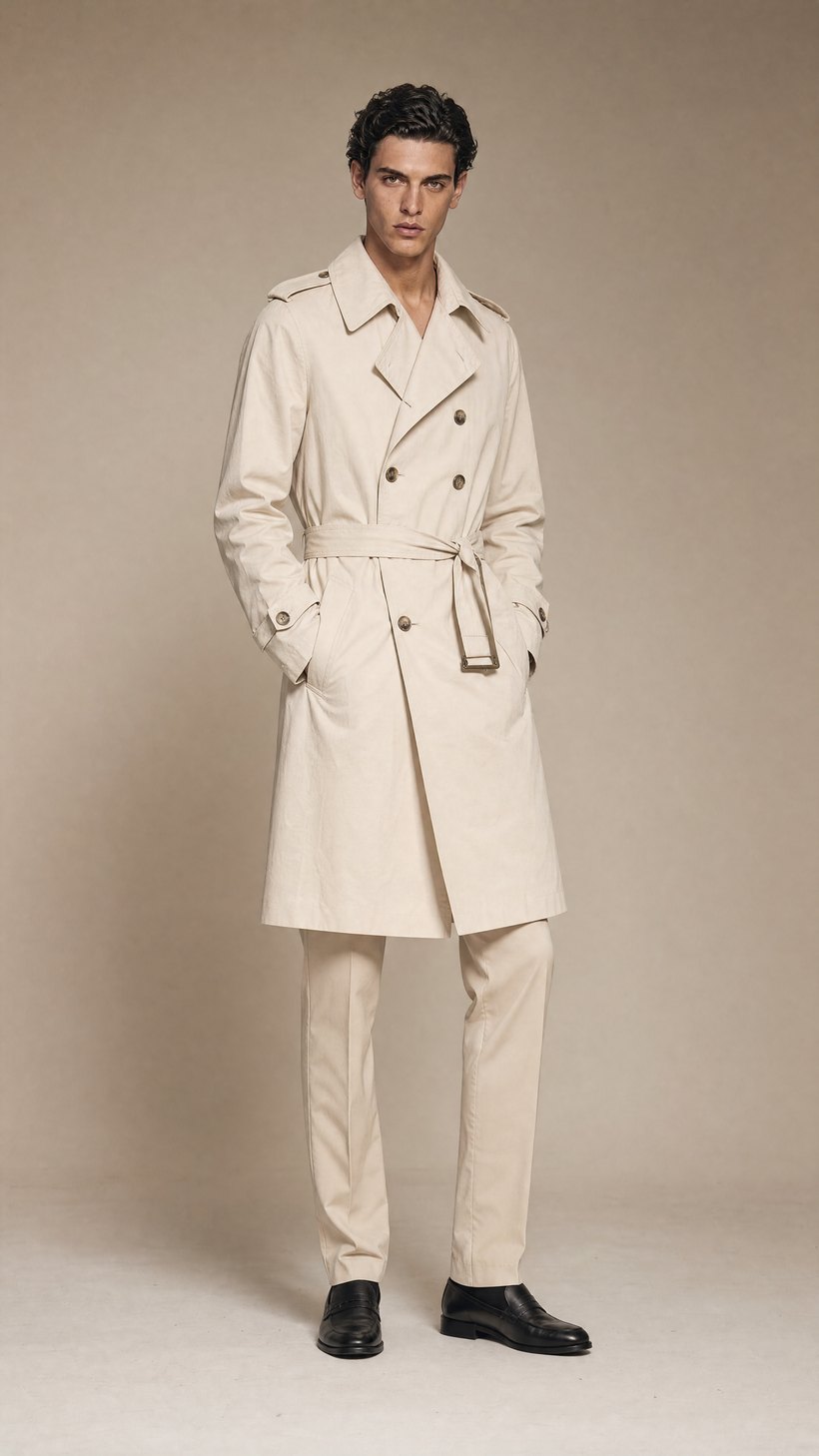 Cream Double-Breasted Cotton Trench — Trench-weight cotton plain weave