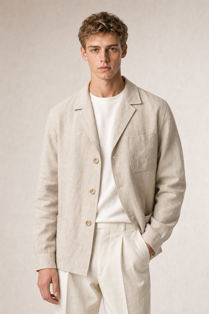 Cream European Wool Blazer — lapel and collar detail