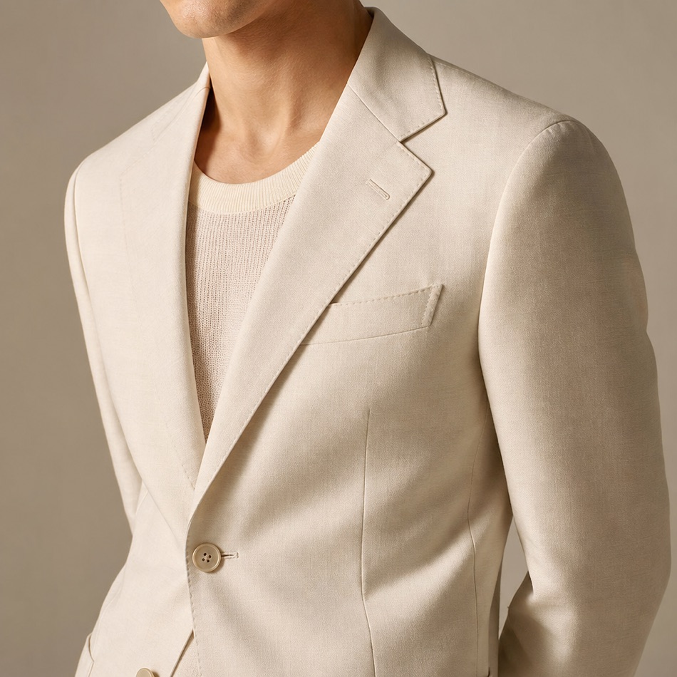 Cream Linen-Blend Notch-Lapel Blazer — lapel and collar detail