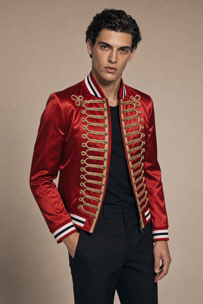 Crimson Red Satin Fashion Jacket — front styling