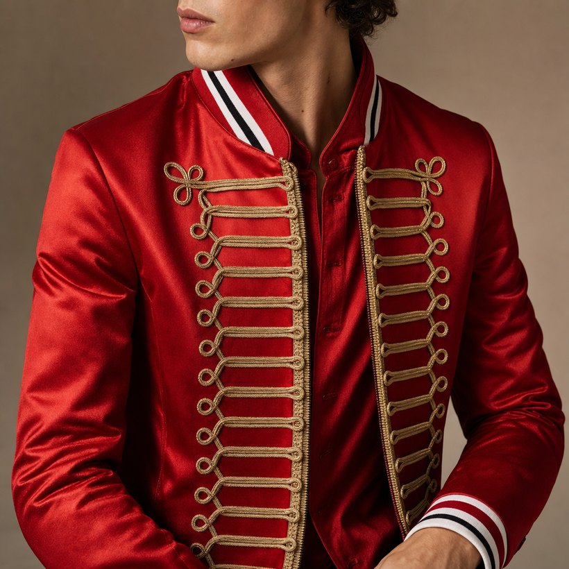 Crimson Red Satin Fashion Jacket — lapel and collar detail
