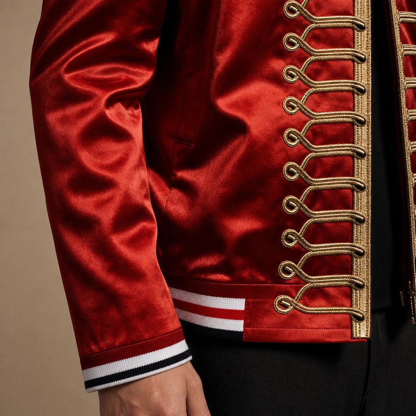 Crimson Red Satin Fashion Jacket — fabric close-up