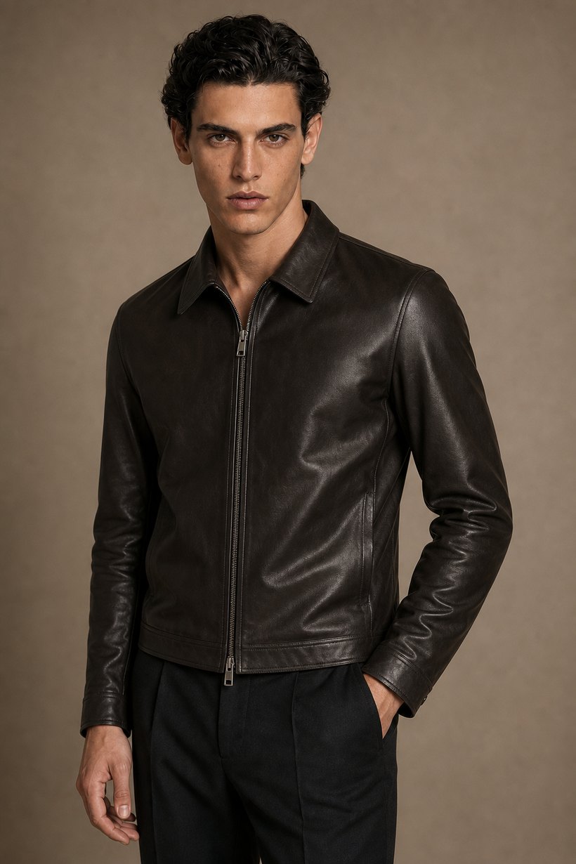 Dark Brown Slim Leather Jacket — front styling