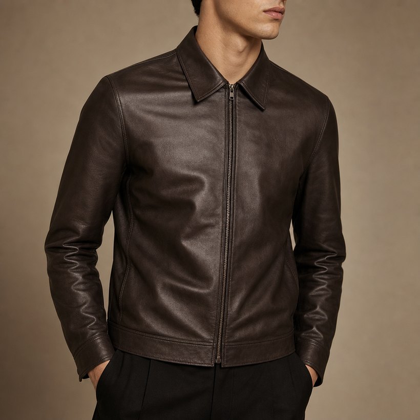Dark Brown Slim Leather Jacket — lapel and collar detail