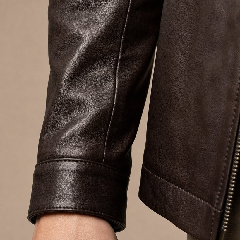 Dark Brown Slim Leather Jacket — fabric close-up
