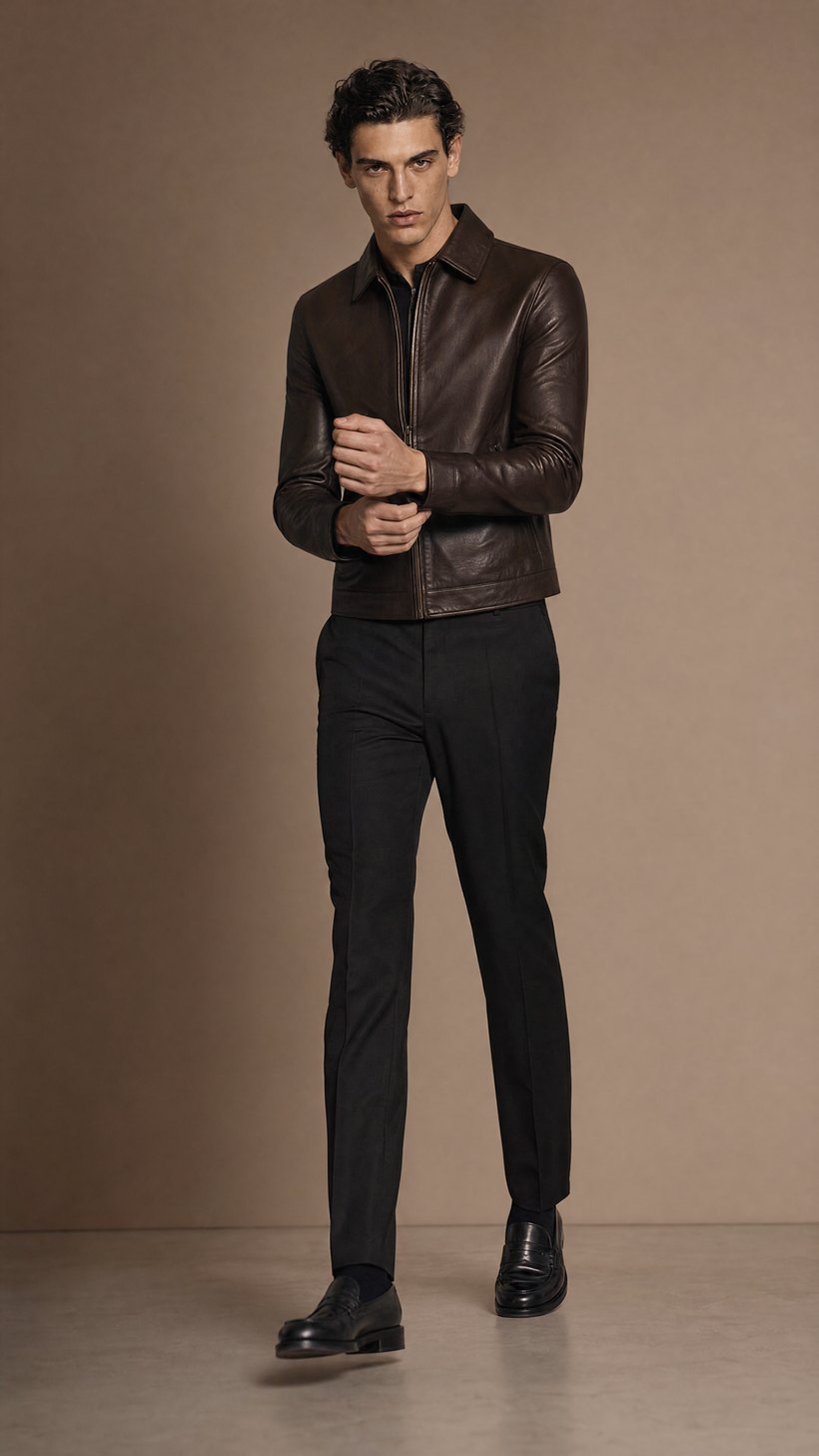 Dark Brown Slim Leather Jacket — construction detail