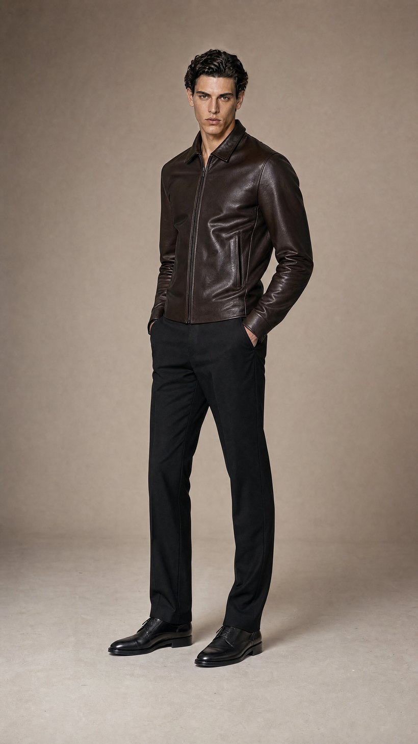 Dark Brown Slim Leather Jacket — Leather
