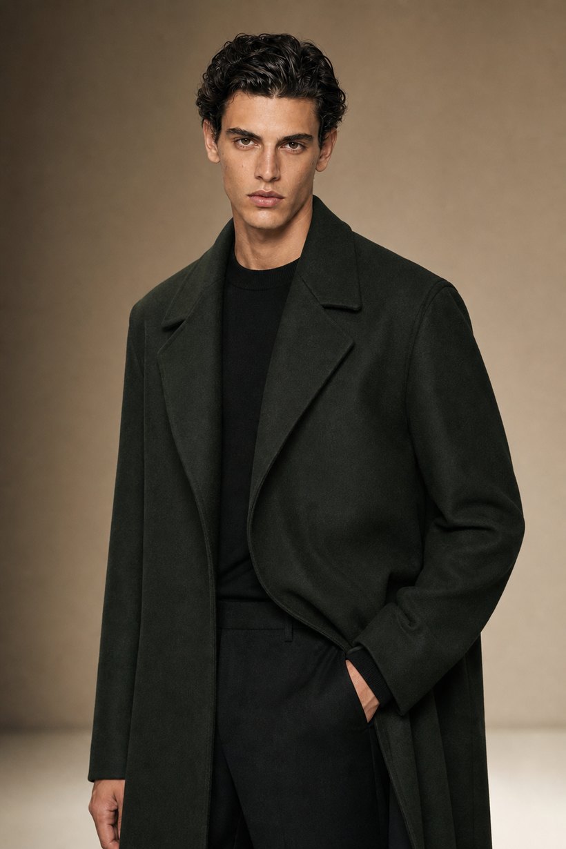 Dark Green Open-Lapel Wool Overcoat — front styling
