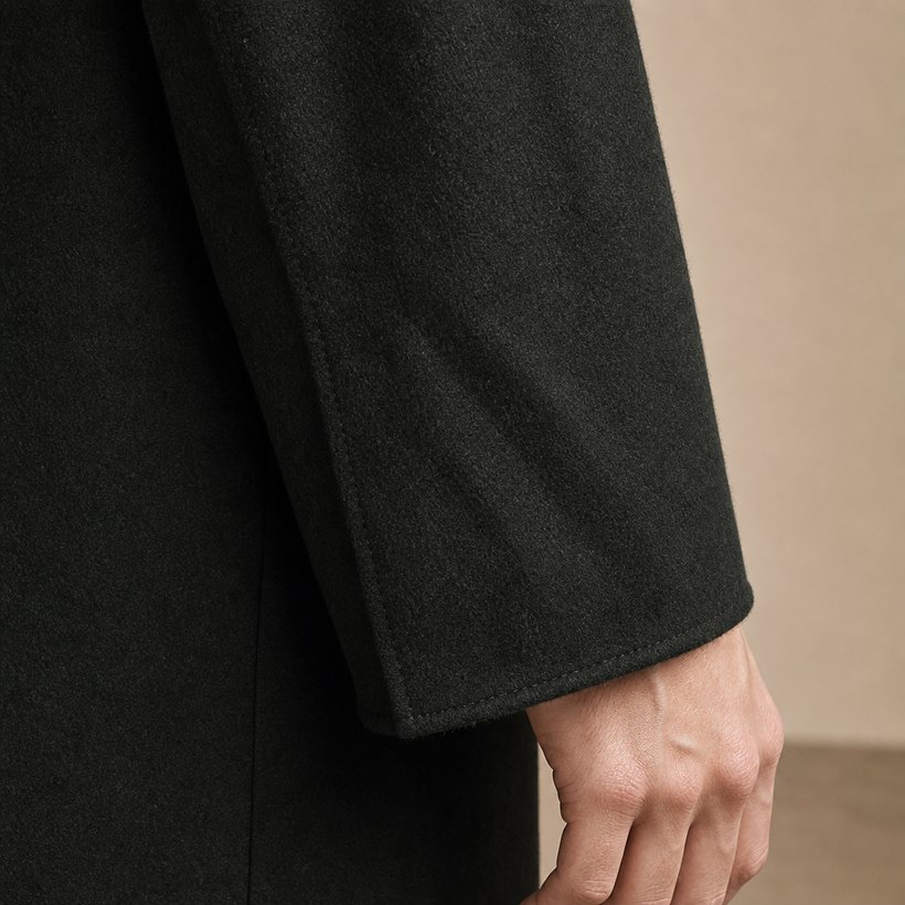 Dark Green Open-Lapel Wool Overcoat — fabric close-up