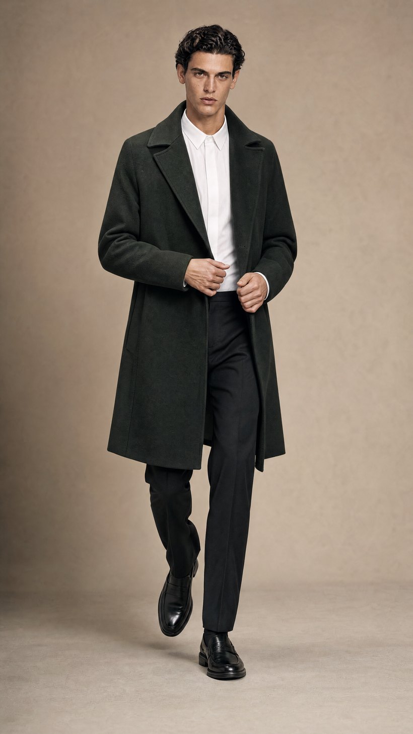 Dark Green Open-Lapel Wool Overcoat — construction detail