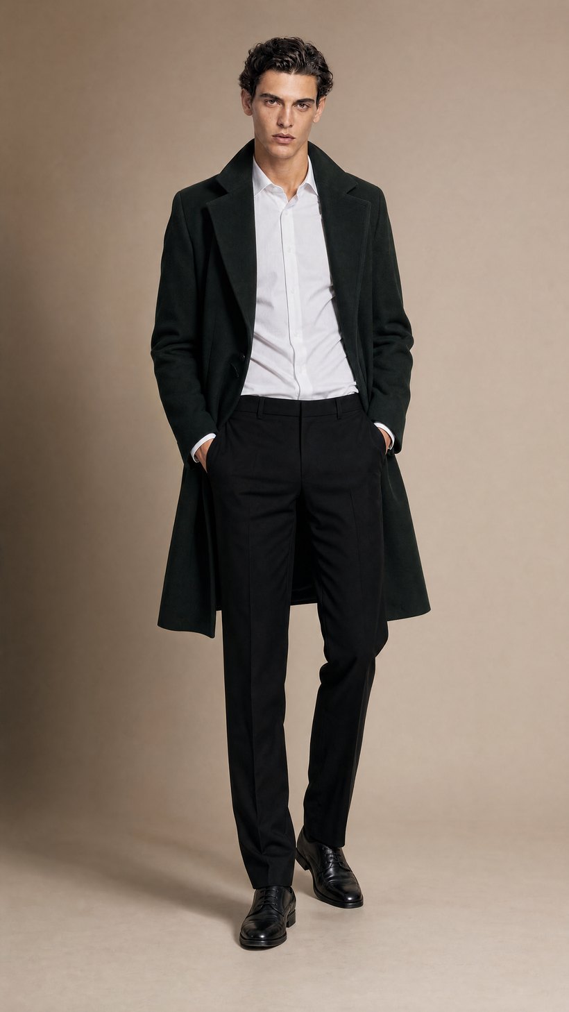 Dark Green Open-Lapel Wool Overcoat — Solid dark green wool
