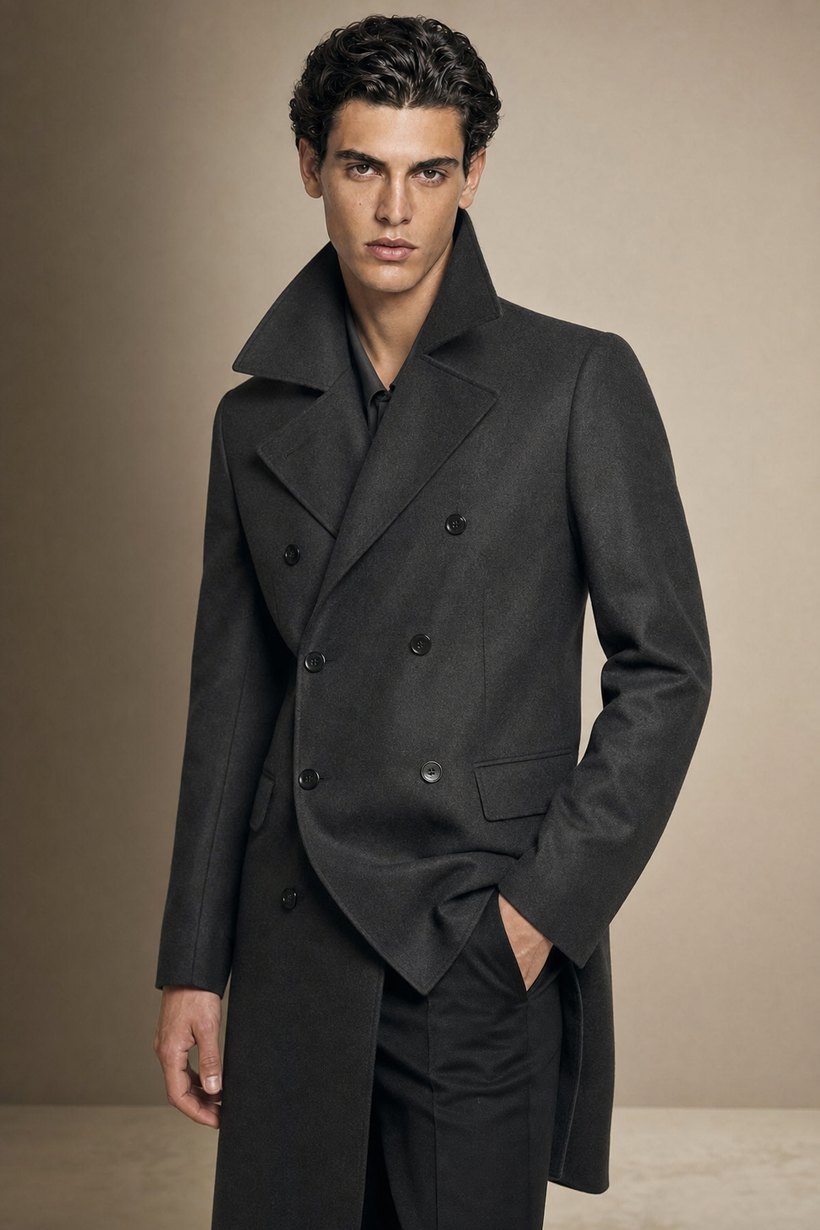 Dark Grey Double-Breasted Wool Overcoat — front styling