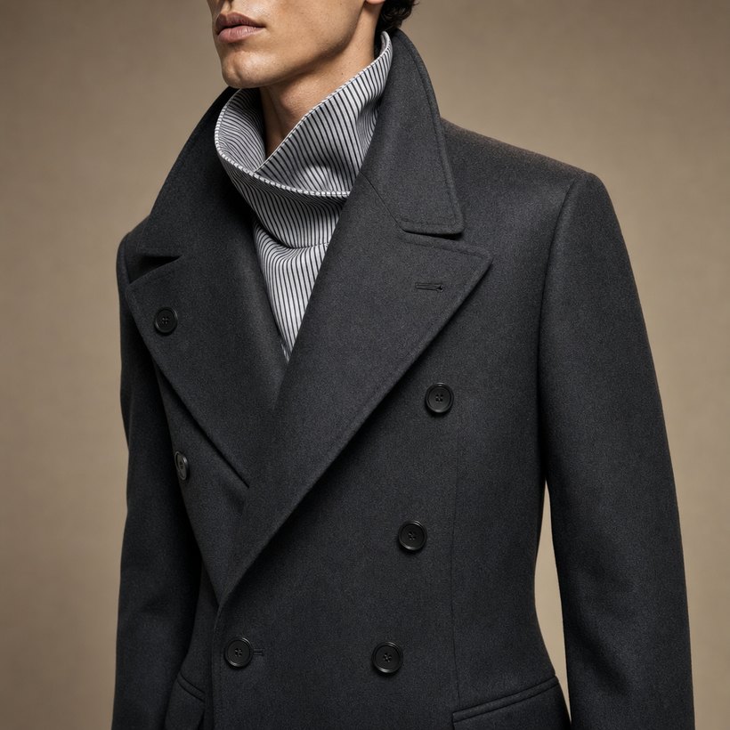 Dark Grey Double-Breasted Wool Overcoat — lapel and collar detail