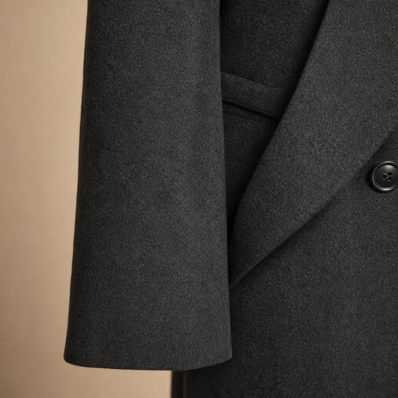 Dark Grey Double-Breasted Wool Overcoat — fabric close-up