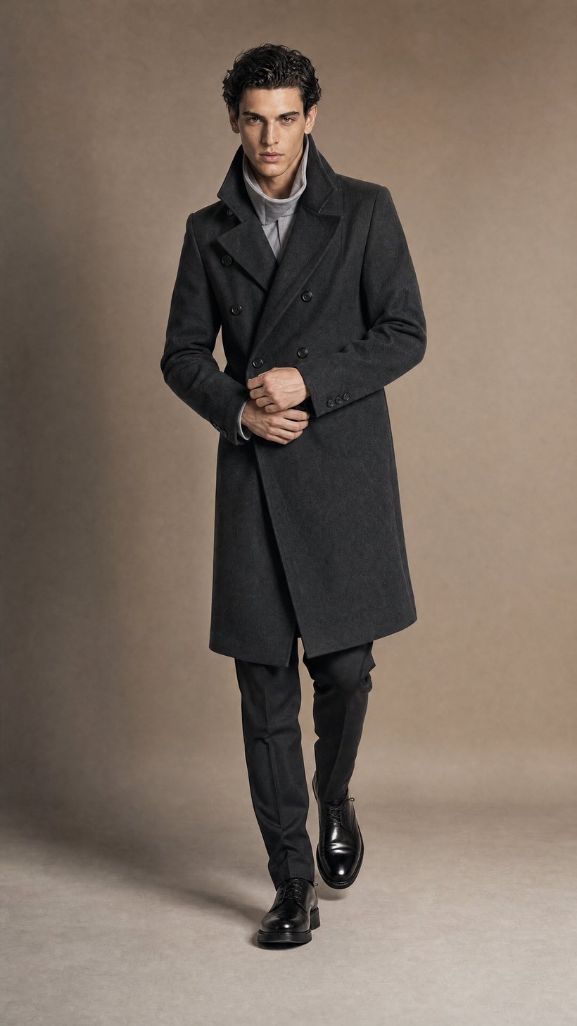 Dark Grey Double-Breasted Wool Overcoat — construction detail