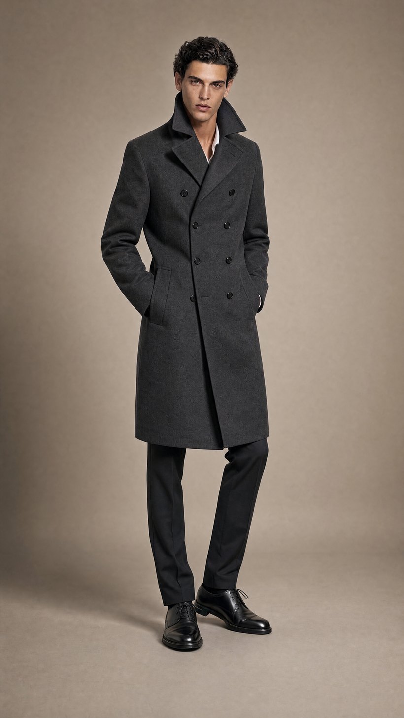 Dark Grey Double-Breasted Wool Overcoat — Solid Biella wool