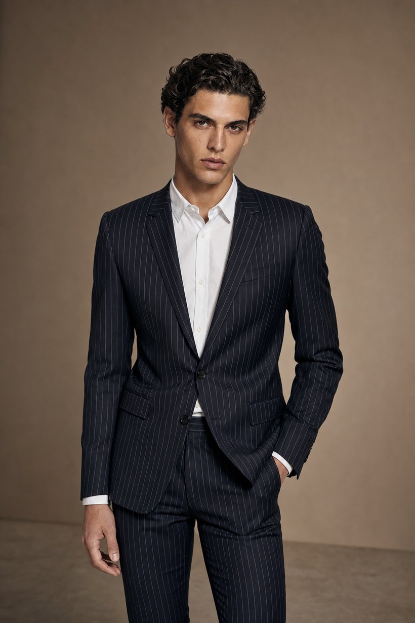 Dark Navy Pinstripe Single-Breasted Slim Suit — front styling