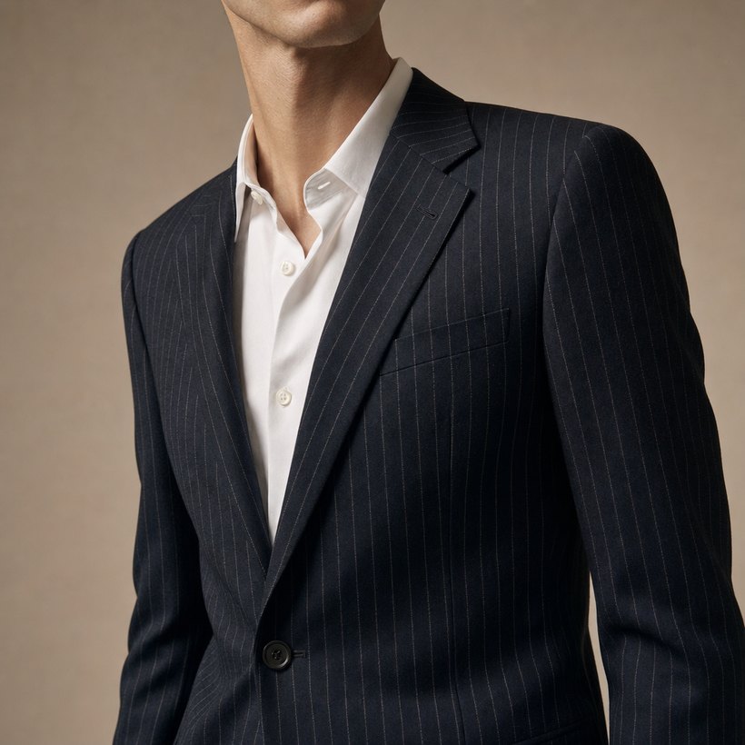 Dark Navy Pinstripe Single-Breasted Slim Suit — lapel and collar detail