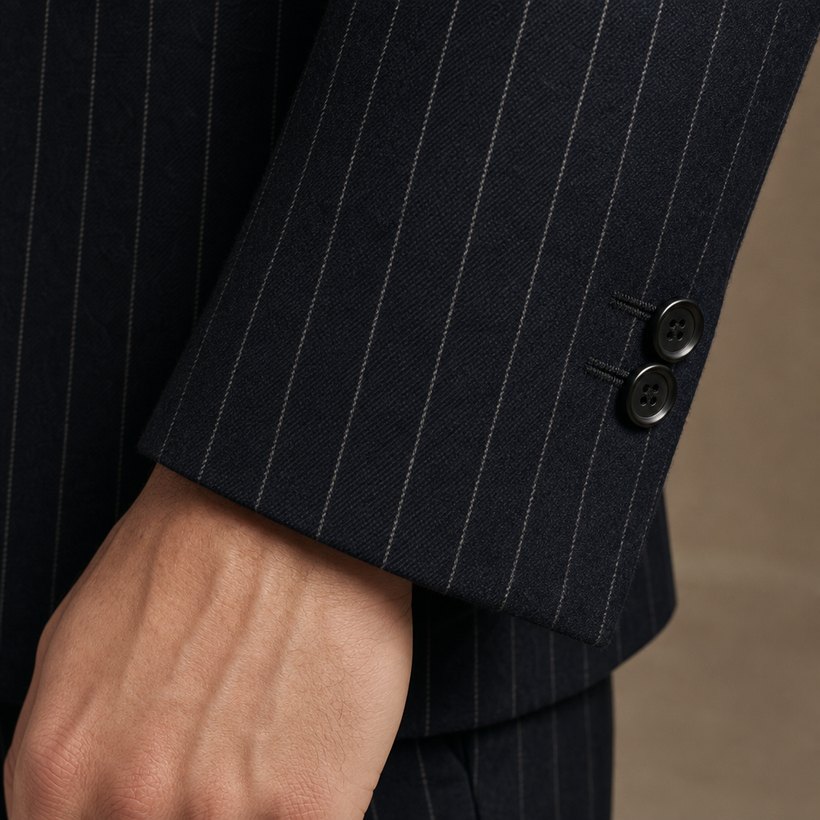 Dark Navy Pinstripe Single-Breasted Slim Suit — fabric close-up